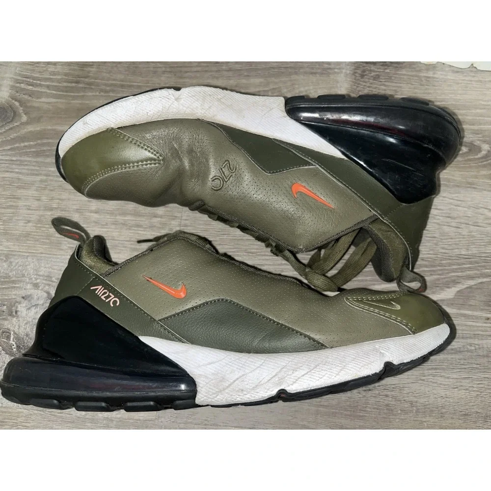 Nike Air Max 270 Premium Leather Olive Green Orange Shoe Sneakers Men's Sz 10.5
